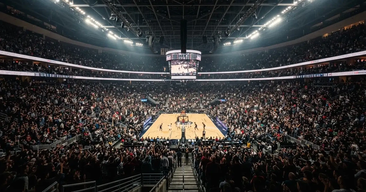 A packed sports hall under floodlights photographed from a long way off