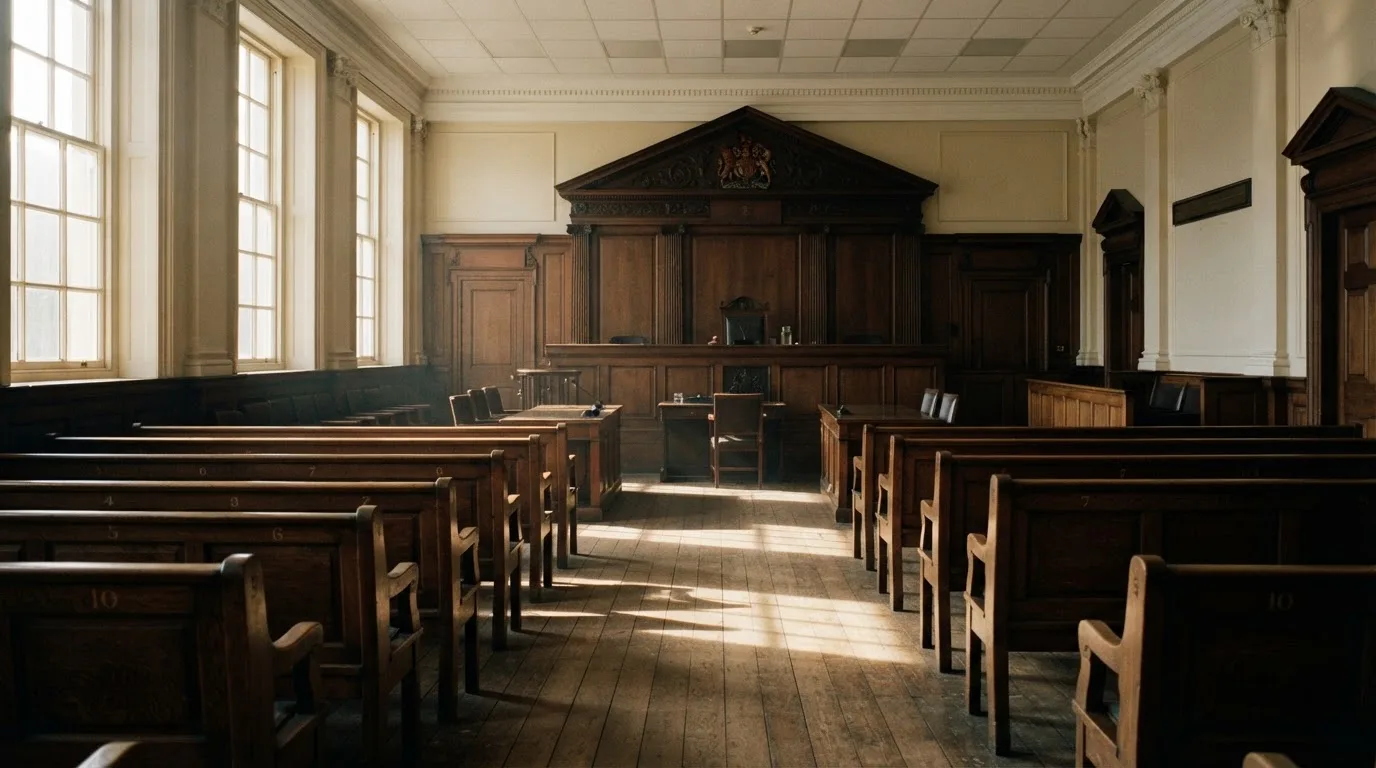 An empty courtroom with wooden benches in morning light