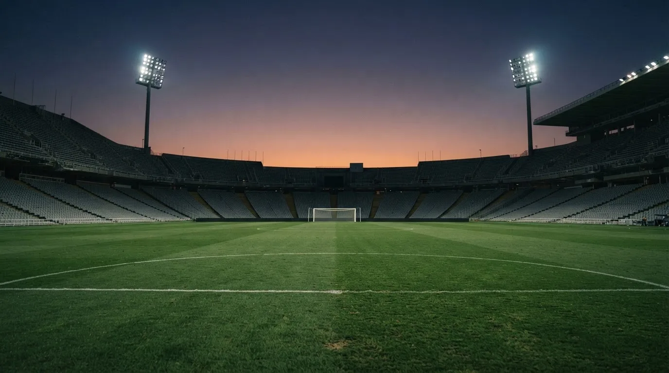 An empty football stadium with floodlight masts at dusk