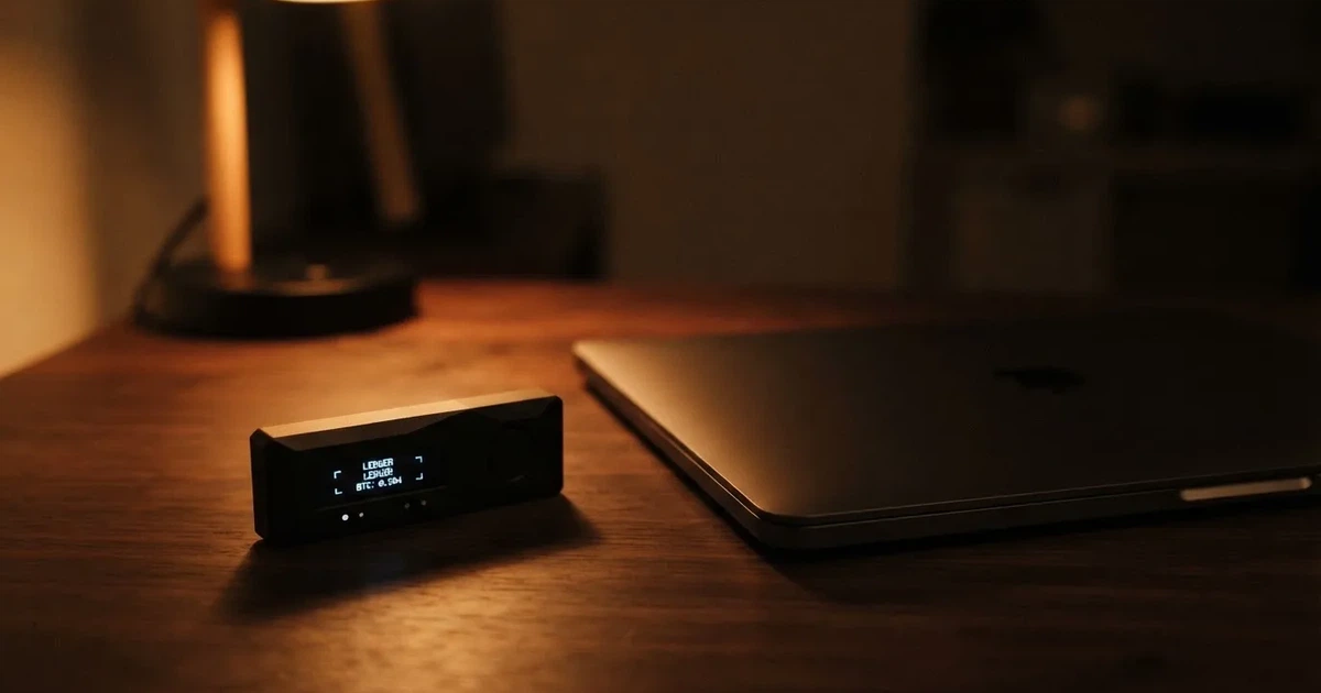 A hardware wallet and a closed laptop on a desk in dim light