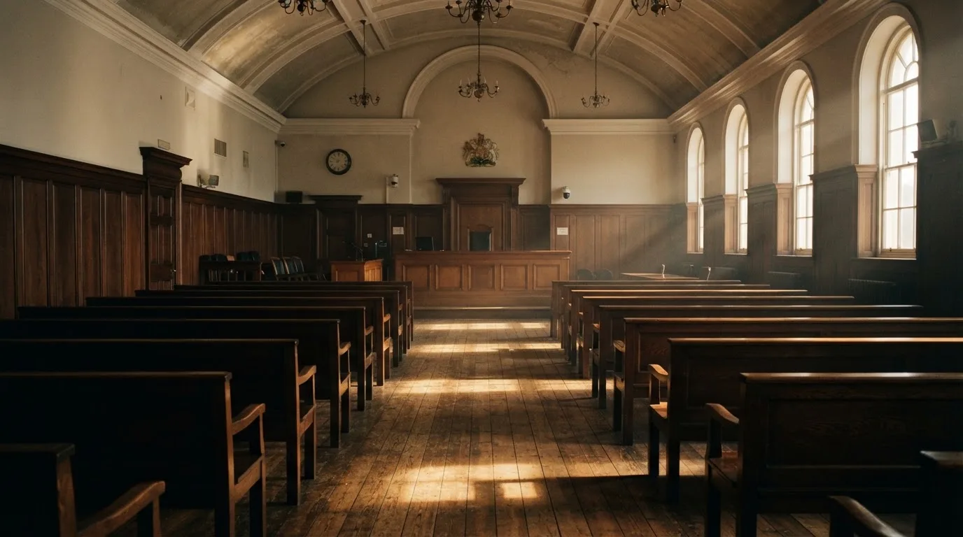An empty courtroom with wooden benches in morning light
