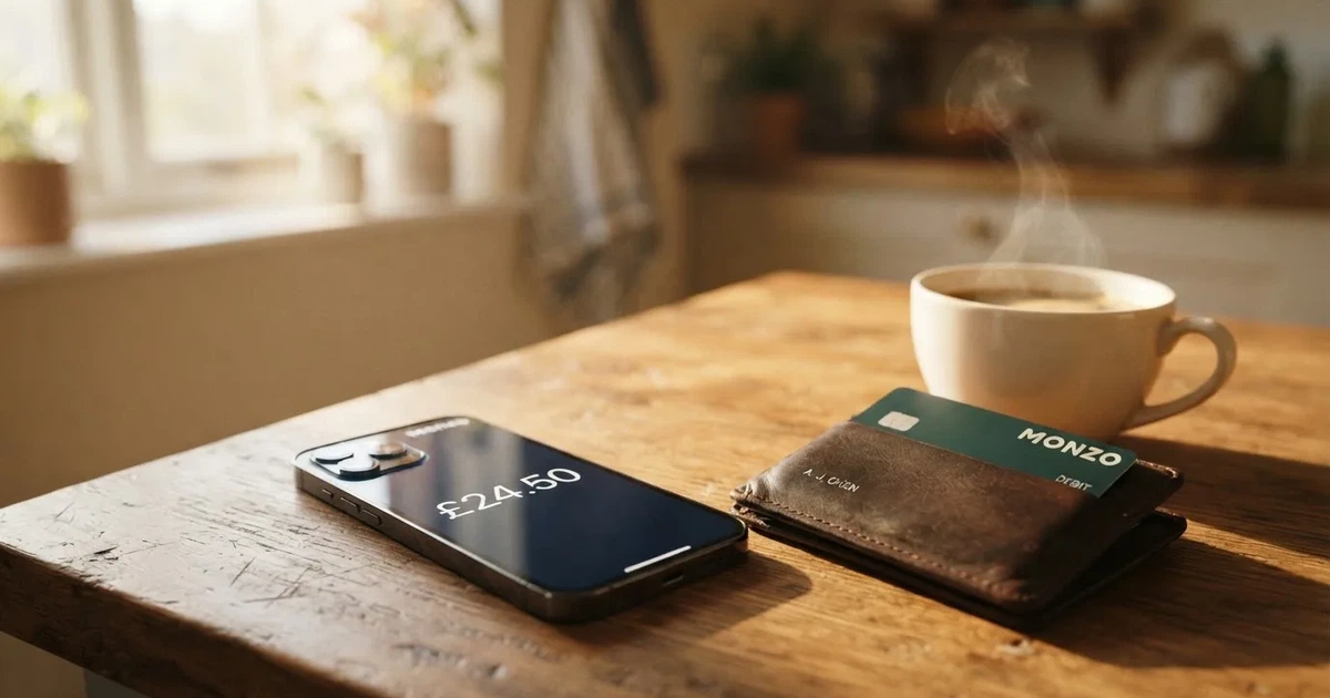 A smartphone on a wooden table beside a wallet and a coffee cup