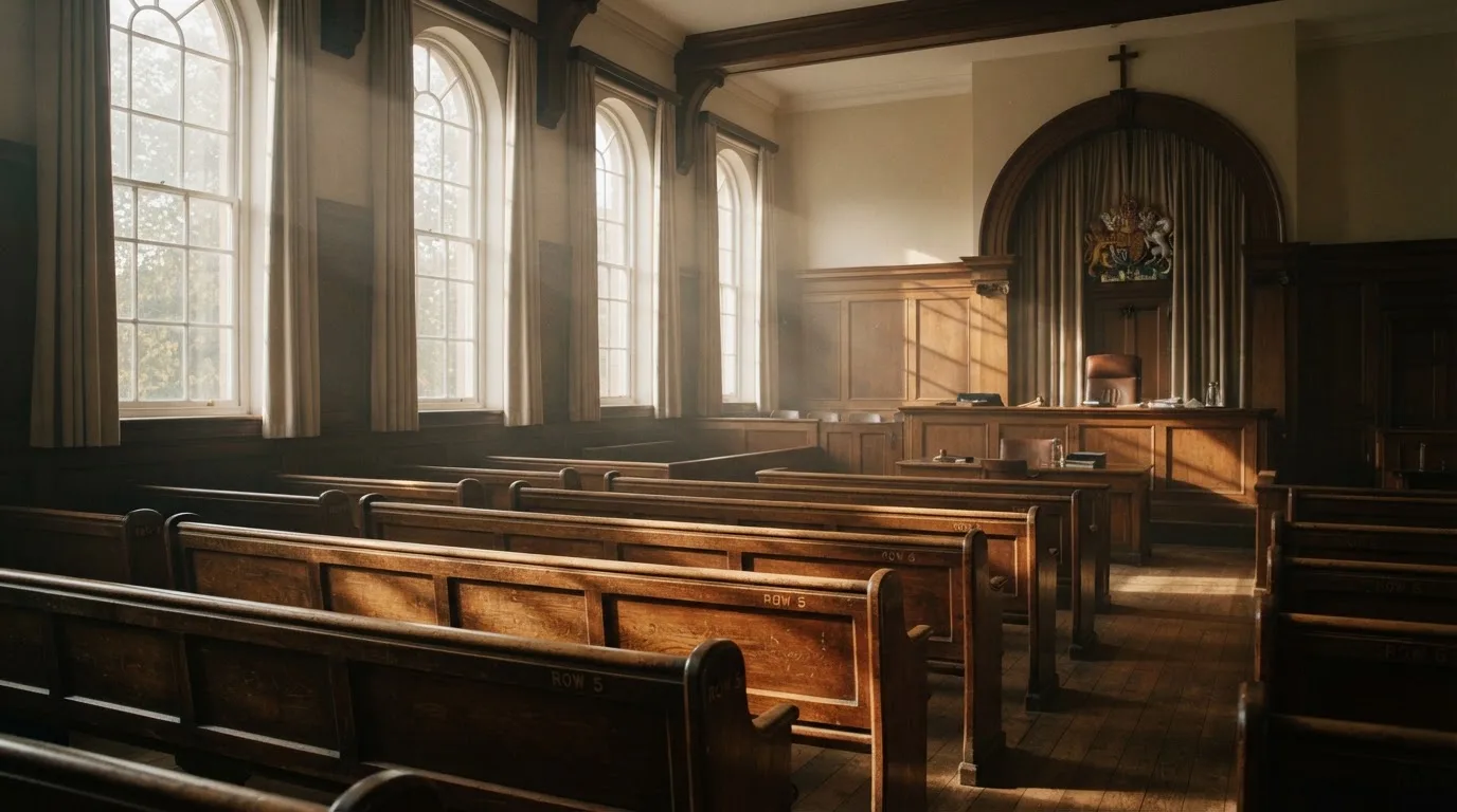 An empty courtroom with wooden benches in morning light