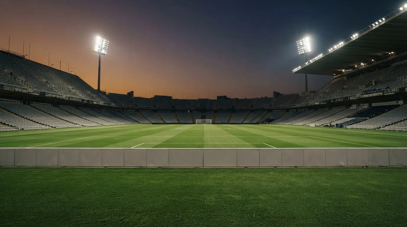 An empty football stadium with floodlight masts at dusk