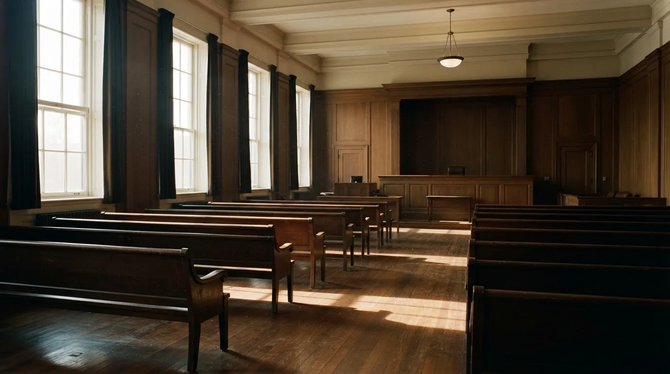 An empty courtroom with wooden benches in morning light