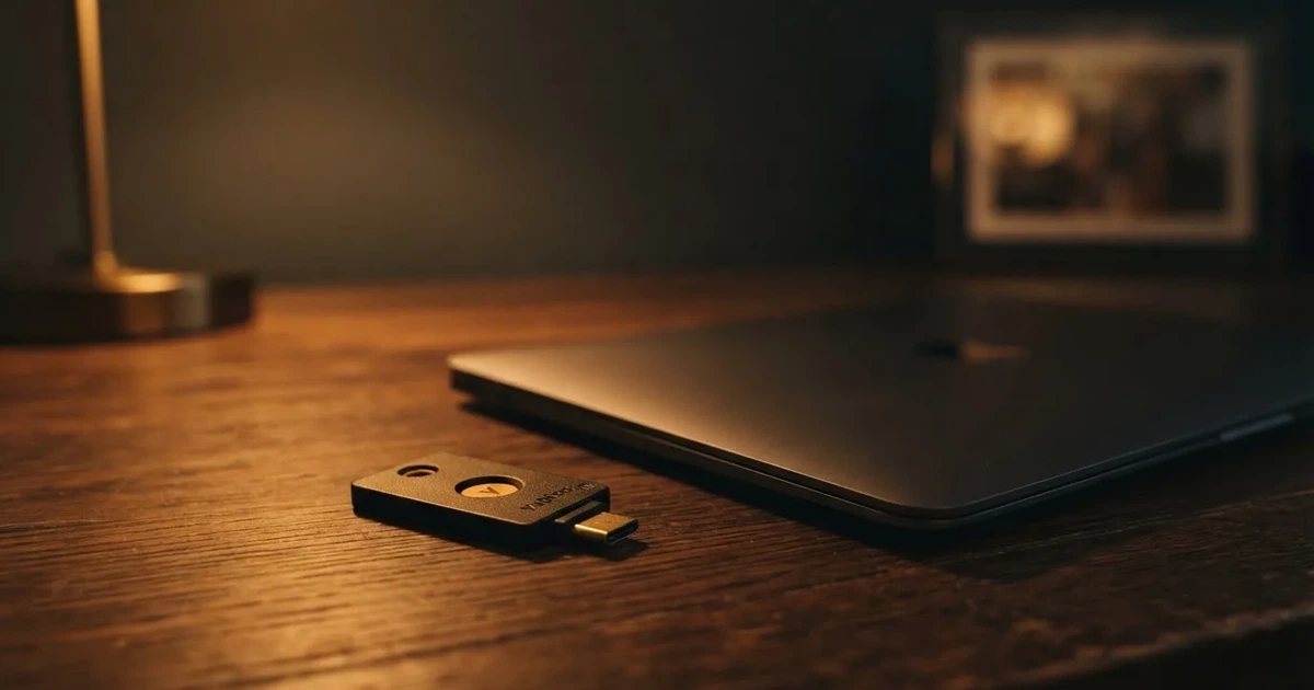A hardware wallet and a closed laptop on a desk in dim light