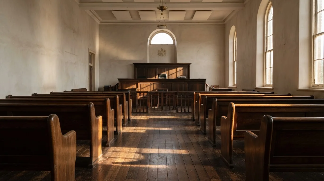 An empty courtroom with wooden benches in morning light