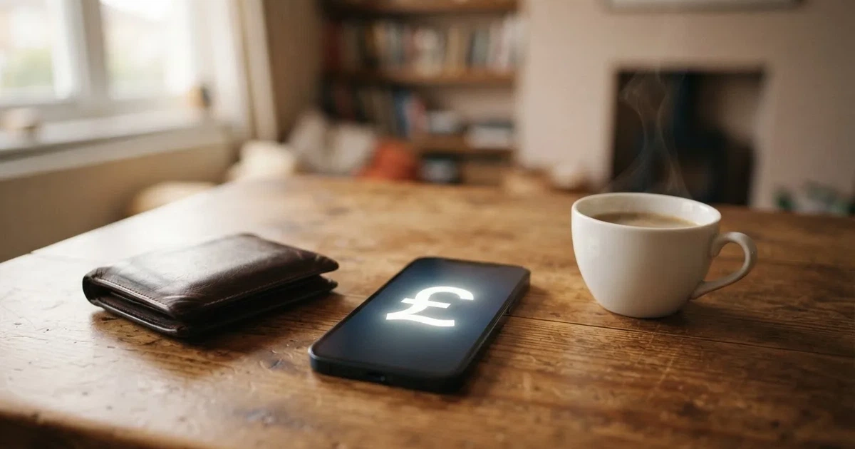 A smartphone on a wooden table beside a wallet and a coffee cup