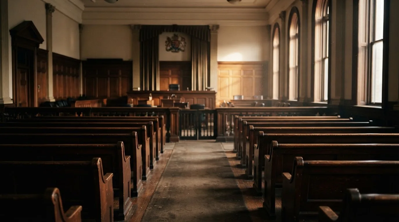 An empty courtroom with wooden benches in morning light