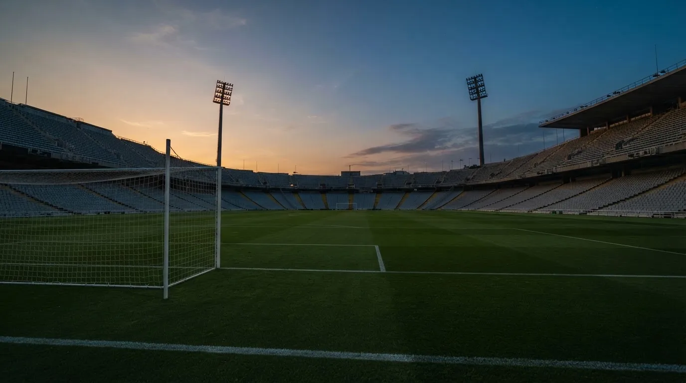 An empty football stadium with floodlight masts at dusk