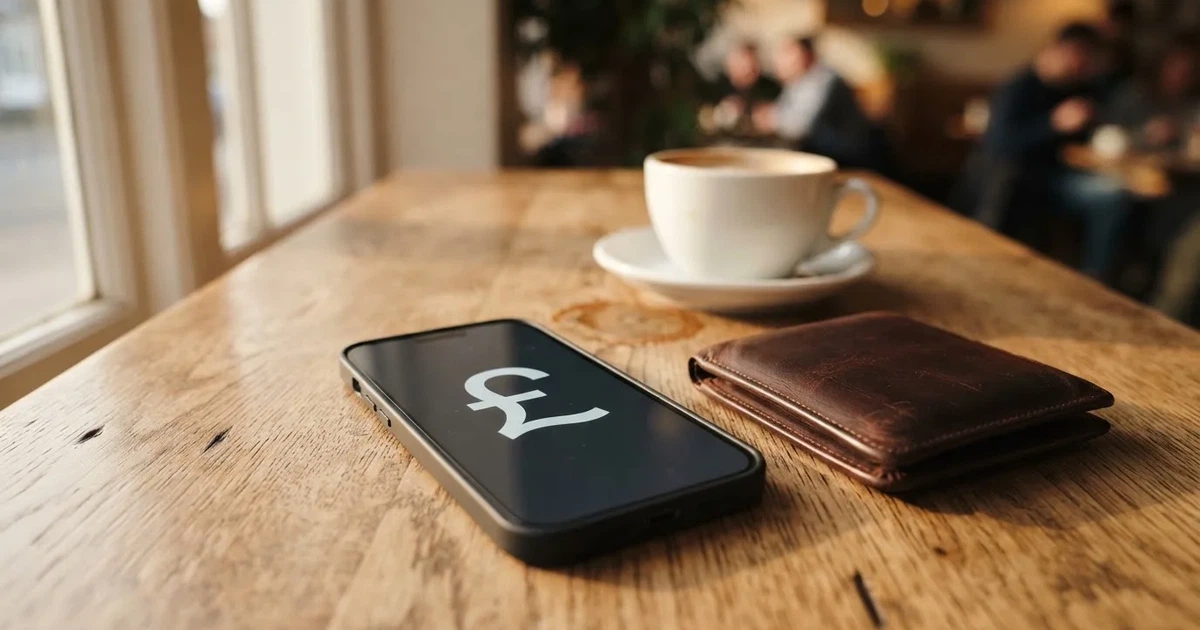 A smartphone on a wooden table beside a wallet and a coffee cup