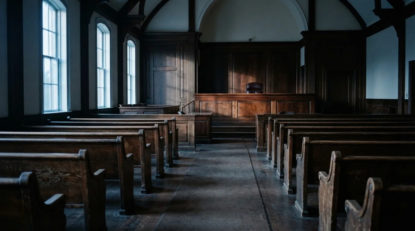 An empty courtroom with wooden benches in morning light