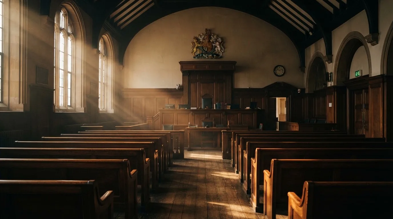 An empty courtroom with wooden benches in morning light