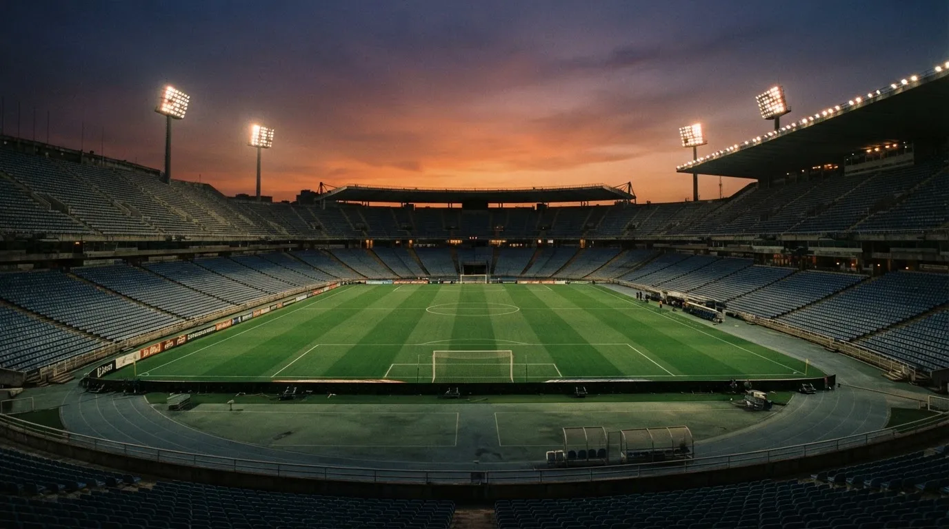 An empty football stadium with floodlight masts at dusk