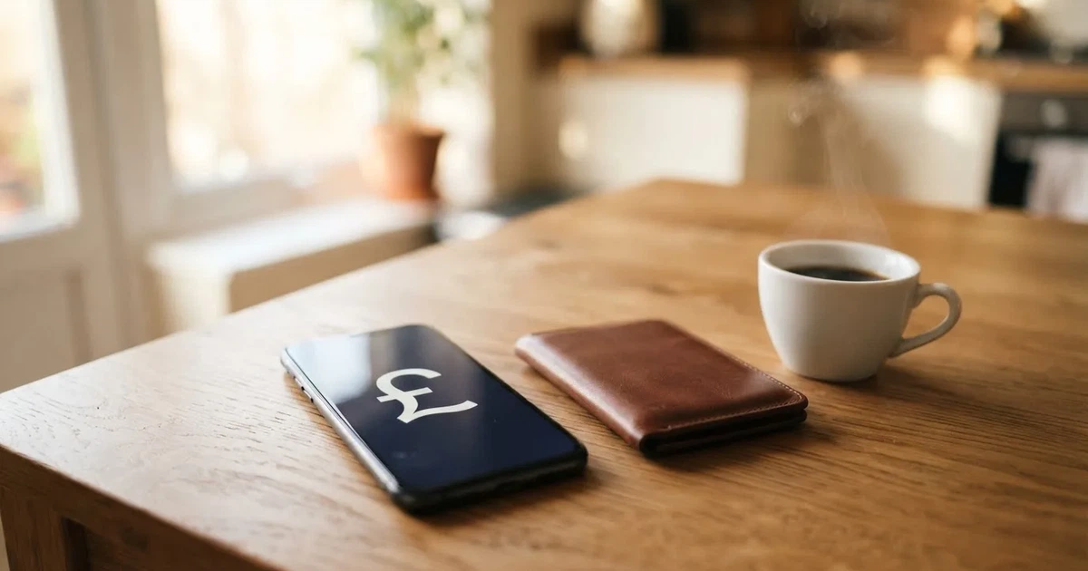 A smartphone on a wooden table beside a wallet and a coffee cup
