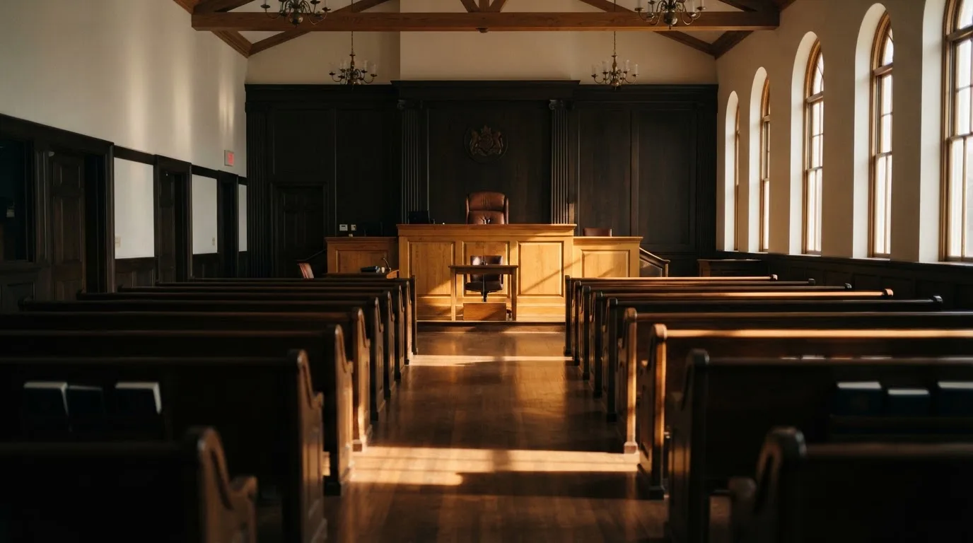 An empty courtroom with wooden benches in morning light