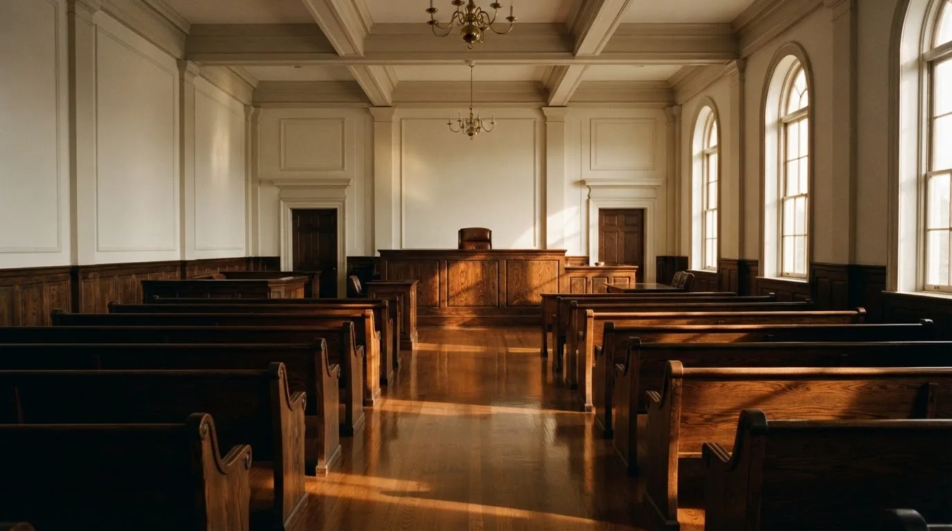 An empty courtroom with wooden benches in morning light