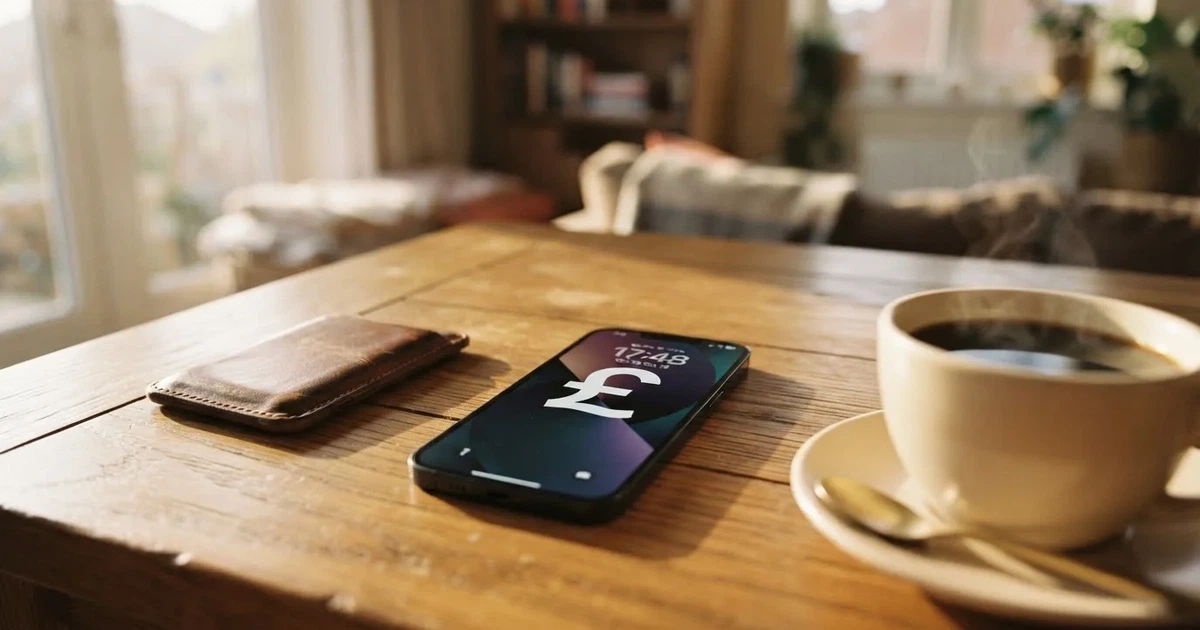 A smartphone on a wooden table beside a wallet and a coffee cup