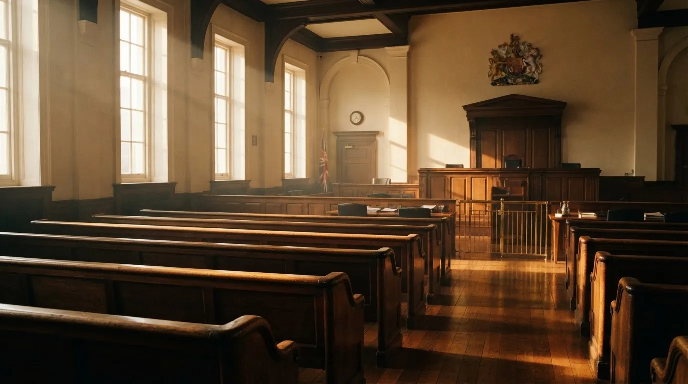 An empty courtroom with wooden benches in morning light