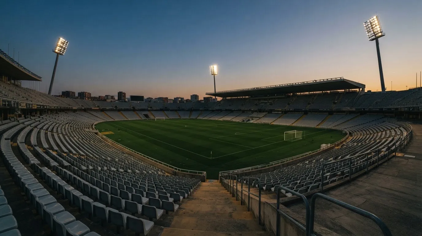 An empty football stadium with floodlight masts at dusk