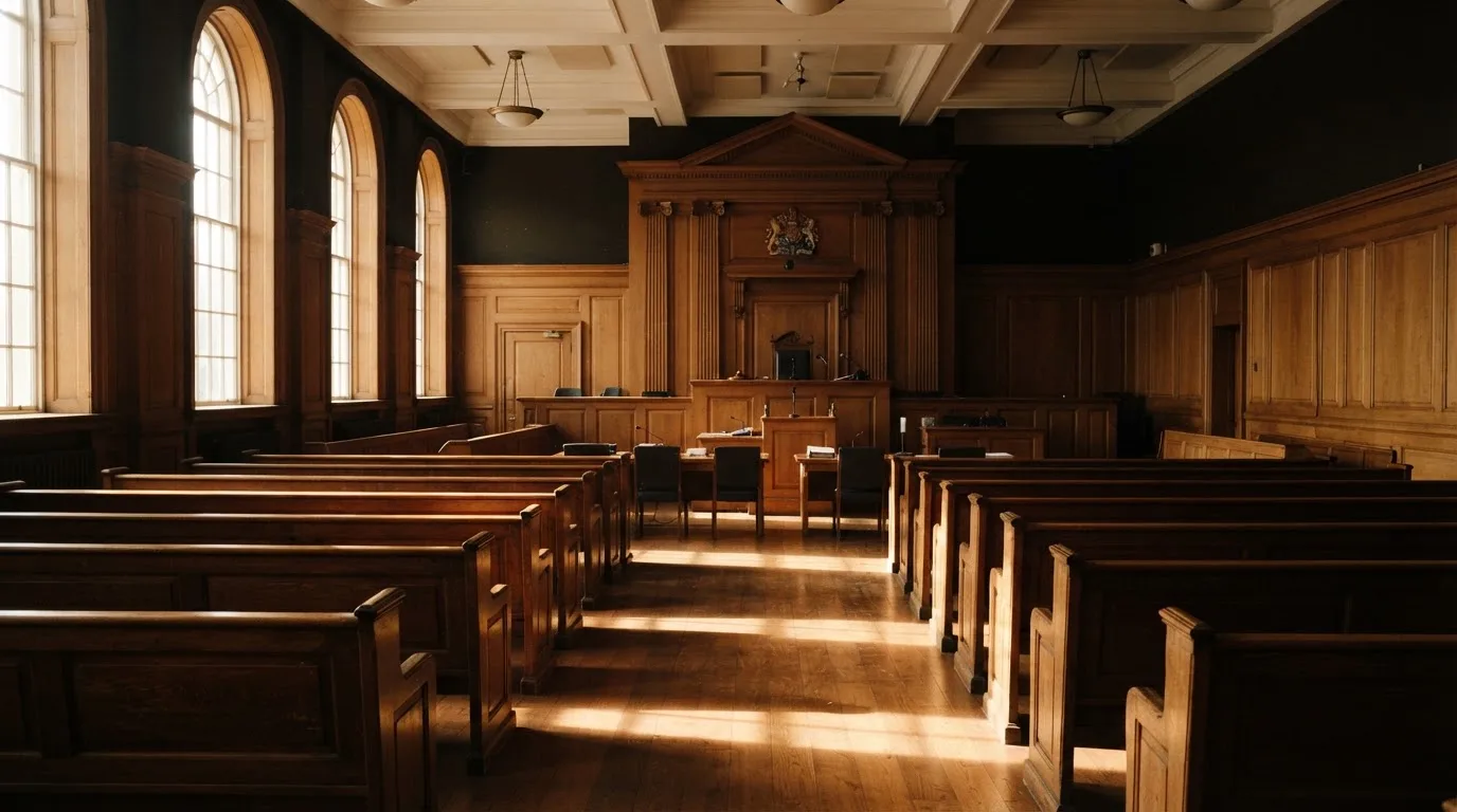 An empty courtroom with wooden benches in morning light