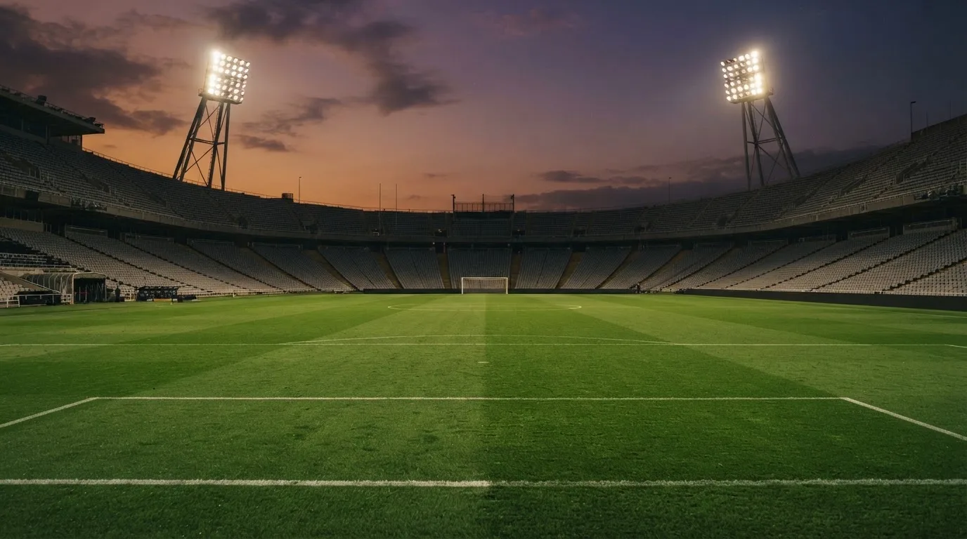 An empty football stadium with floodlight masts at dusk