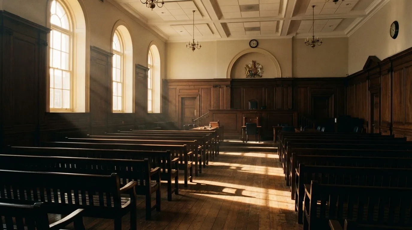 An empty courtroom with wooden benches in morning light