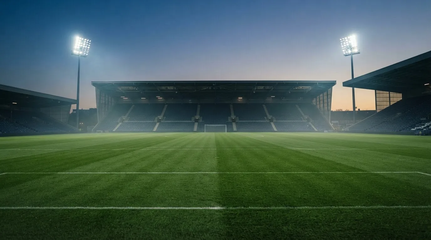 An empty football stadium with floodlight masts at dusk