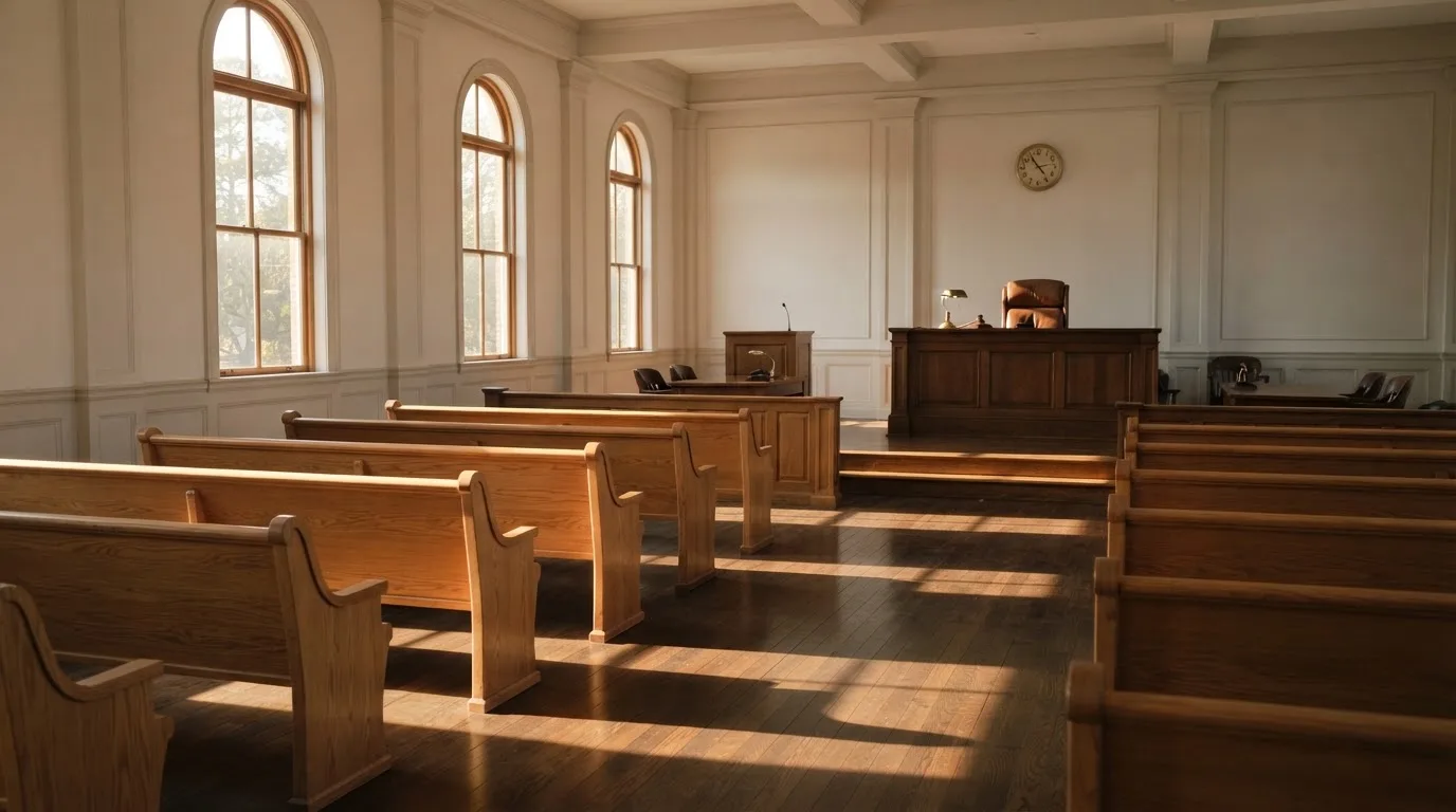 An empty courtroom with wooden benches in morning light
