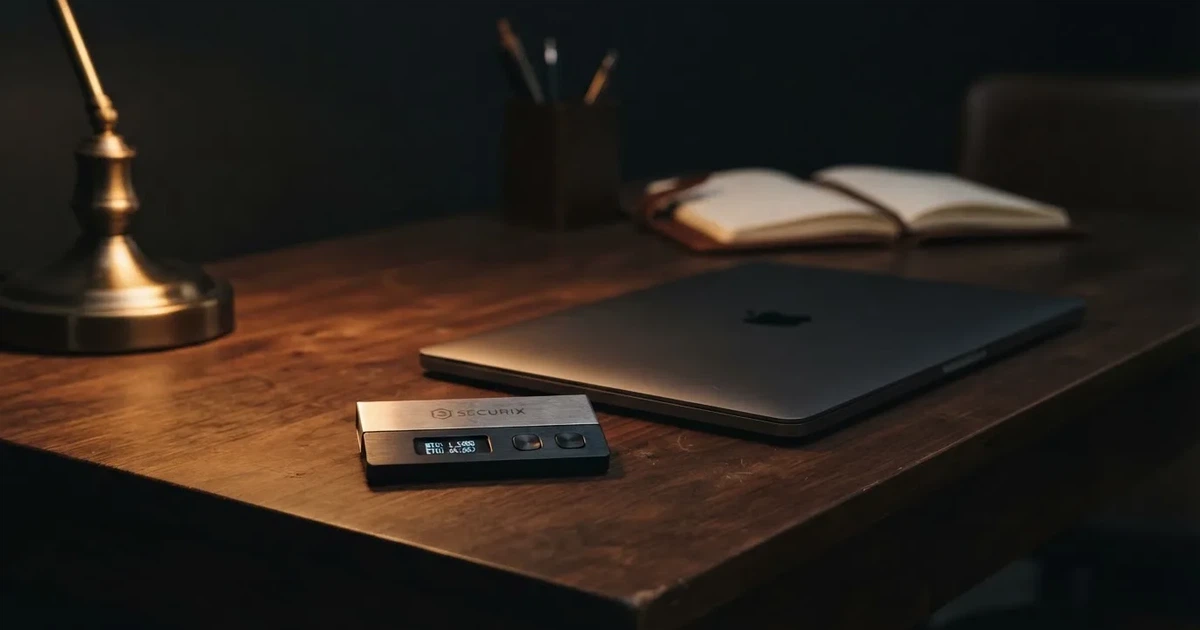 A hardware wallet and a closed laptop on a desk in dim light