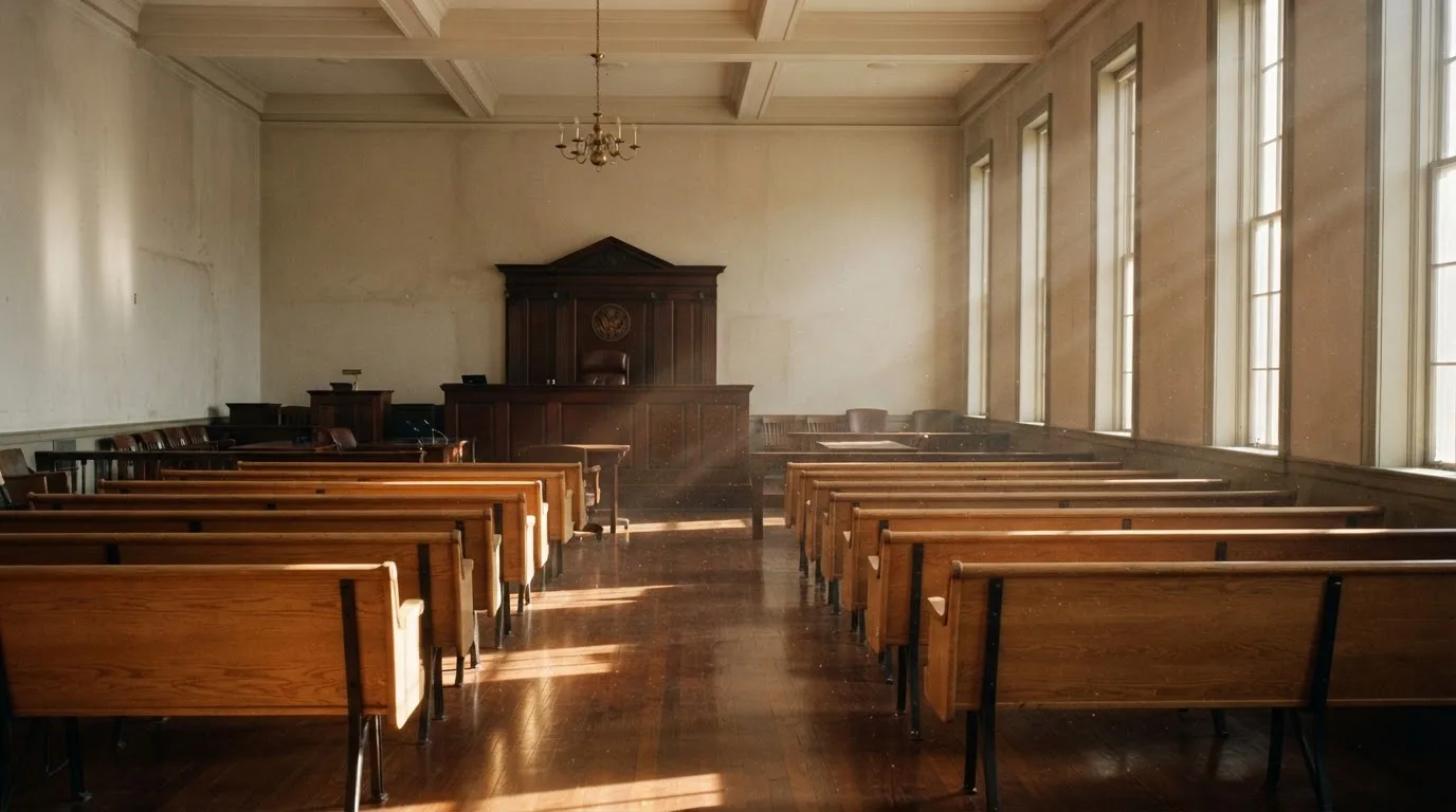 An empty courtroom with wooden benches in morning light