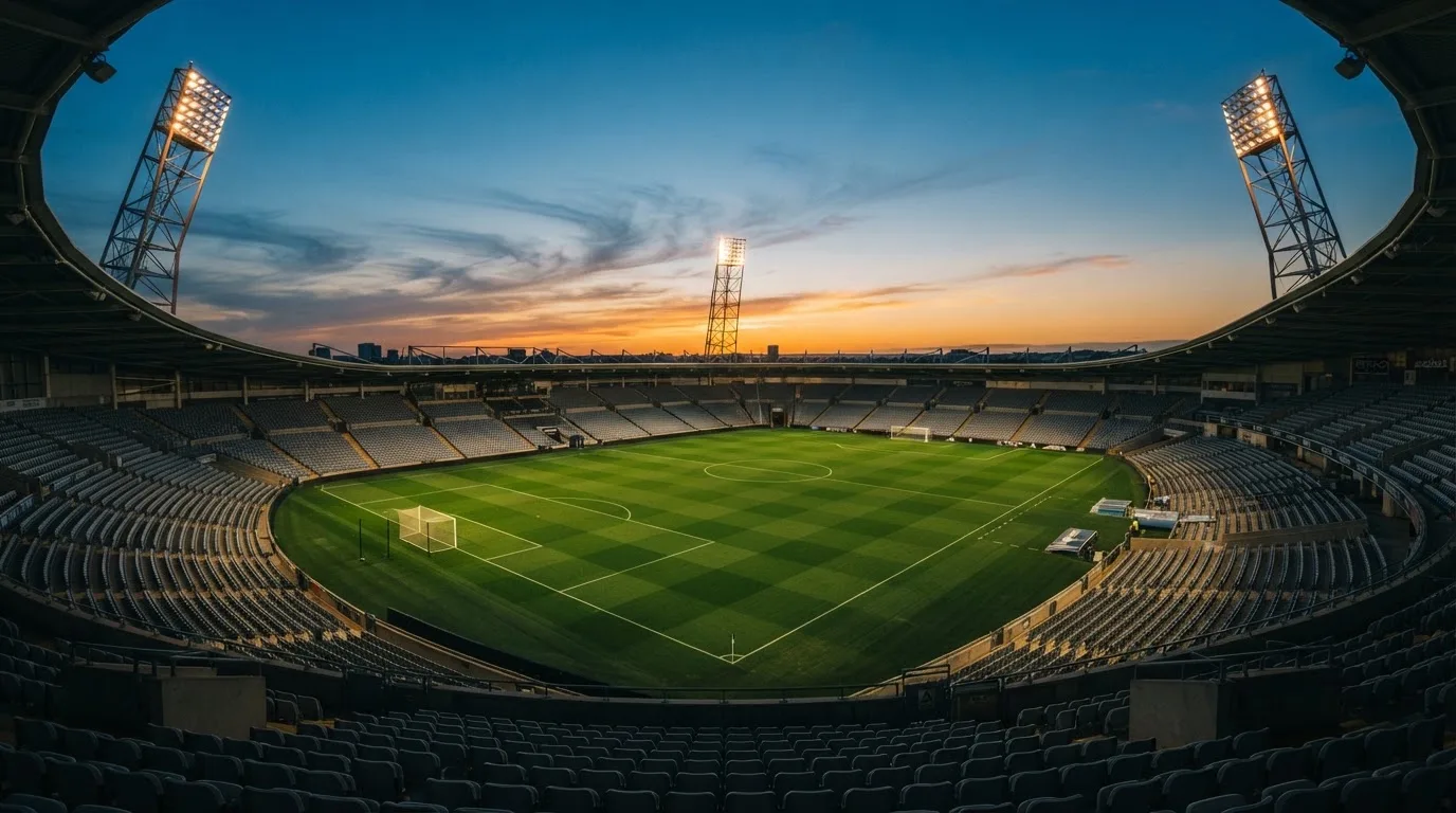 An empty football stadium with floodlight masts at dusk