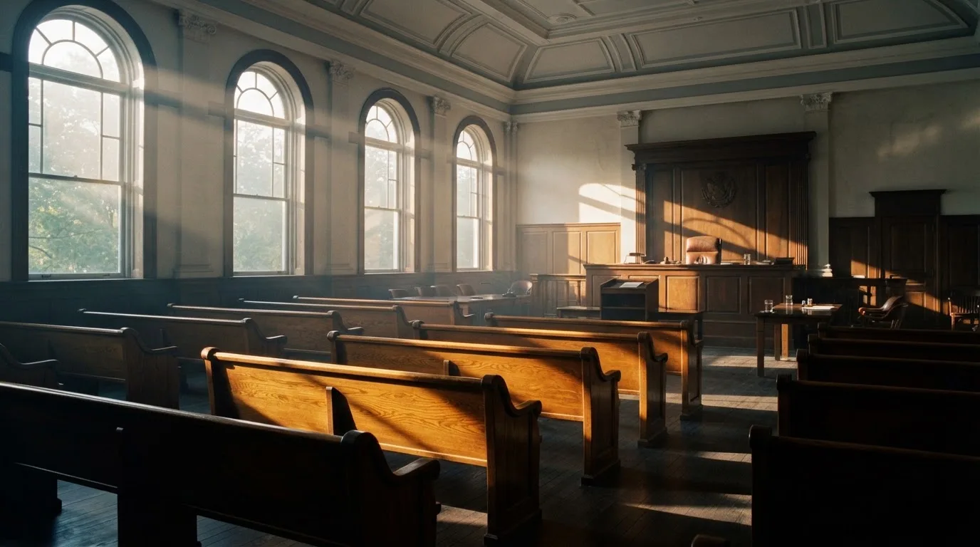 An empty courtroom with wooden benches in morning light