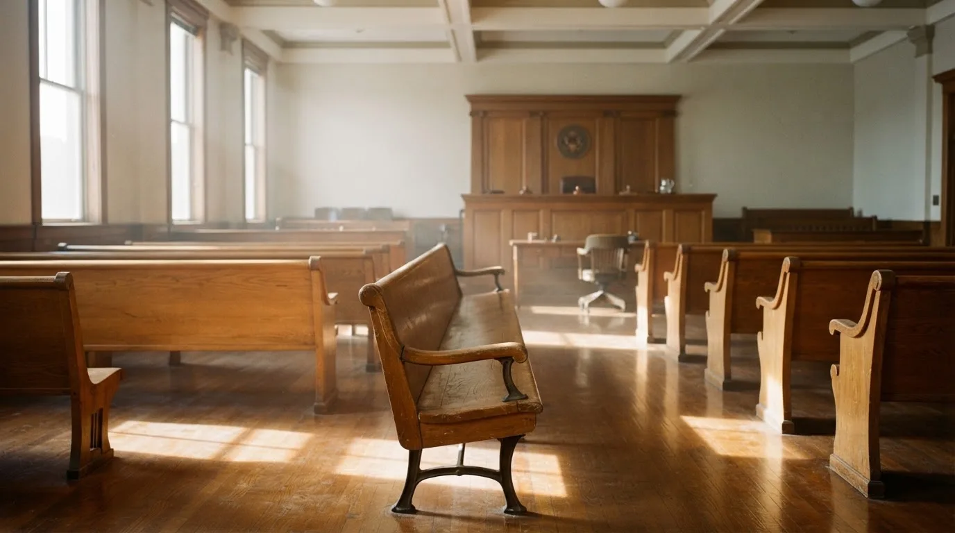 An empty courtroom with wooden benches in morning light