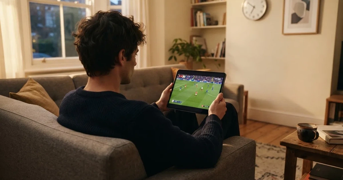 A person on a sofa looking thoughtfully at a tablet, a wall clock in the background
