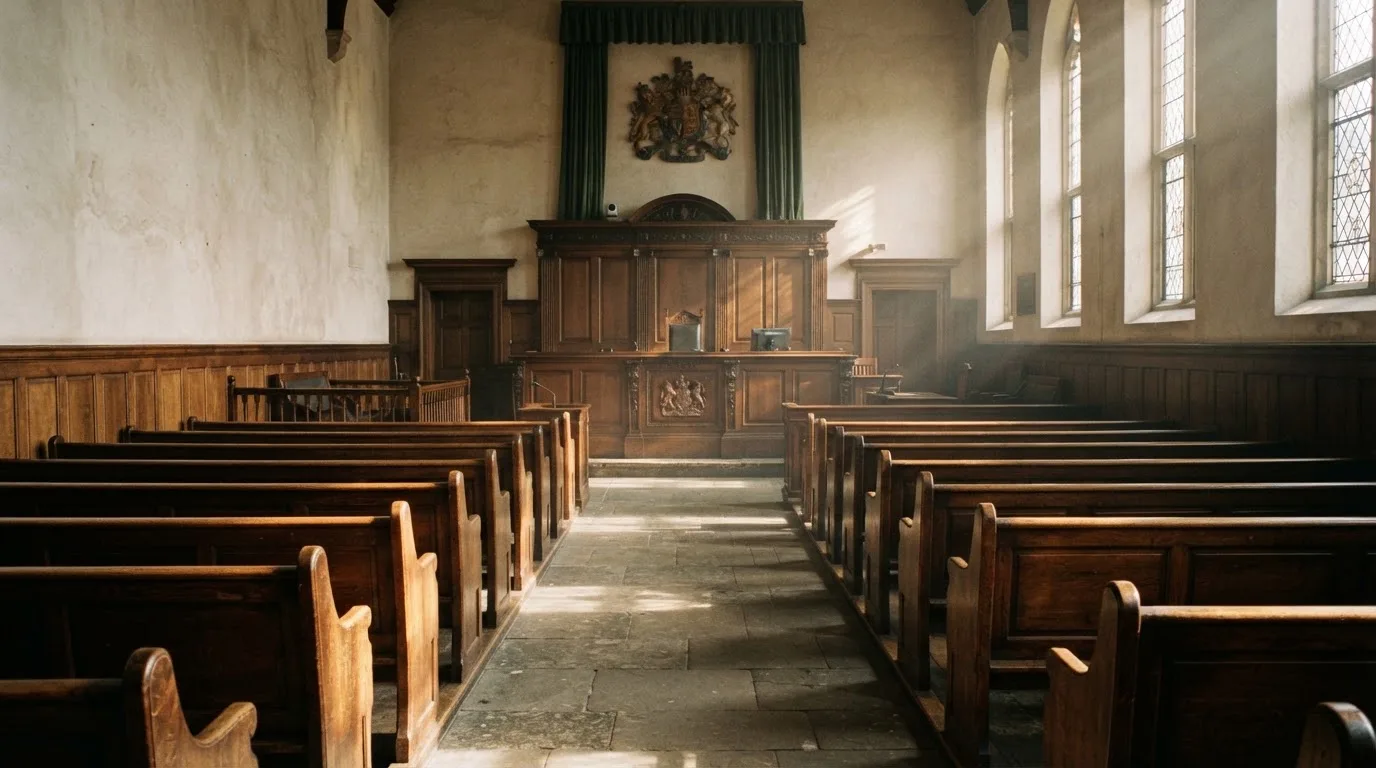 An empty courtroom with wooden benches in morning light