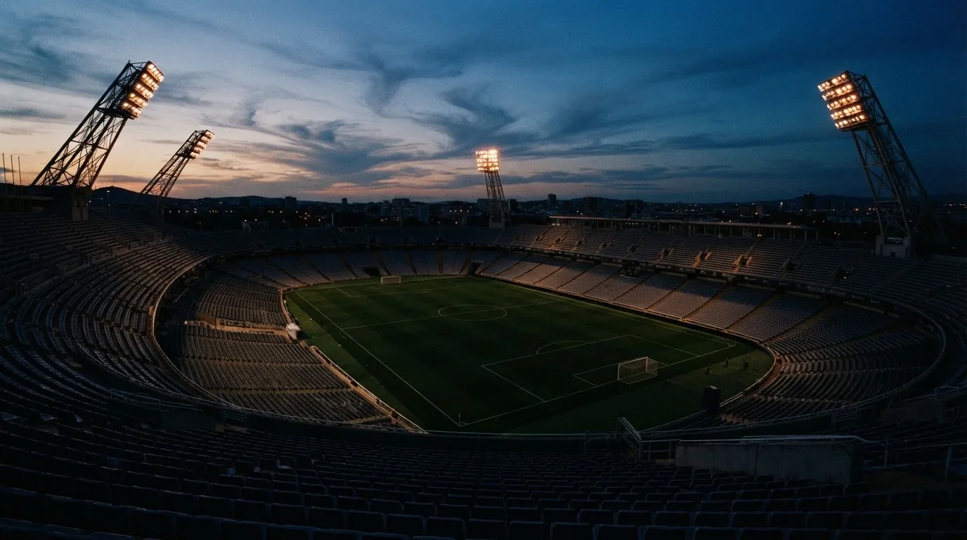 An empty football stadium with floodlight masts at dusk