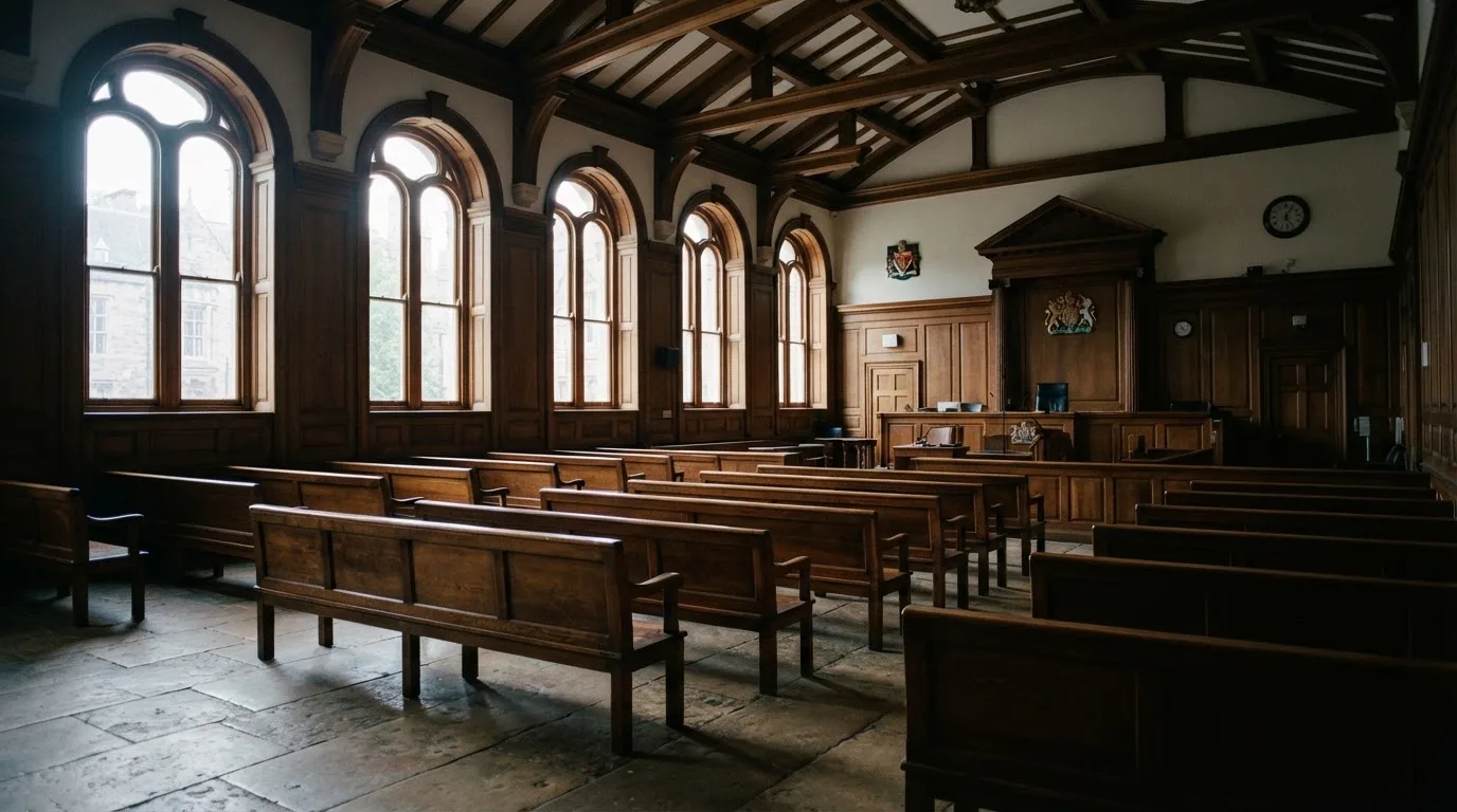 An empty courtroom with wooden benches in morning light