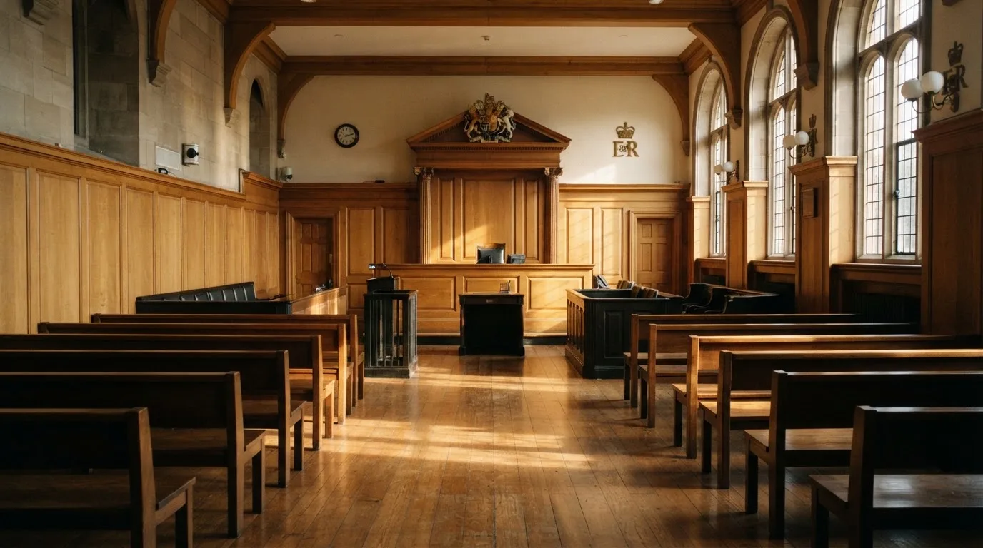 An empty courtroom with wooden benches in morning light