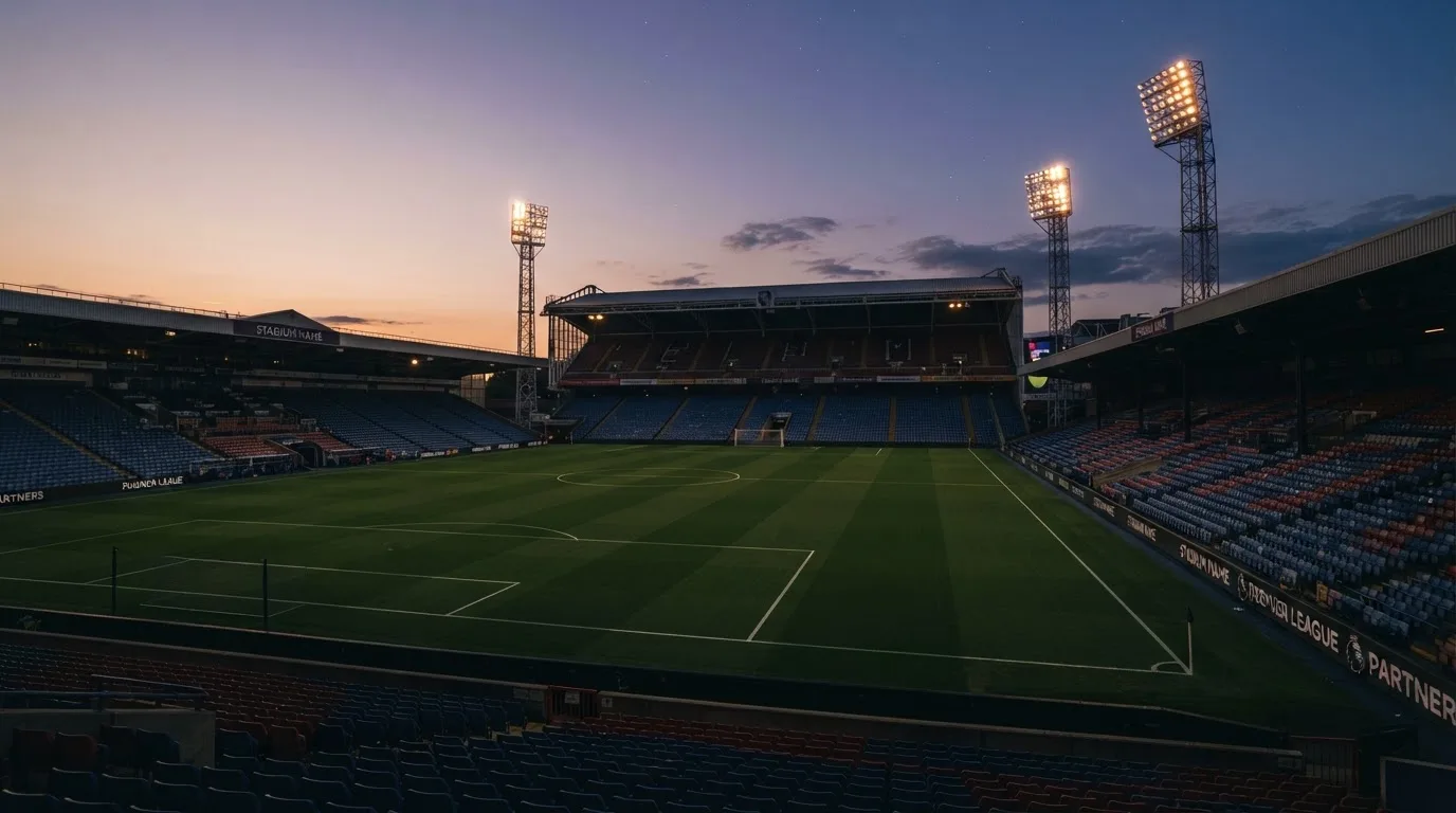 An empty football stadium with floodlight masts at dusk