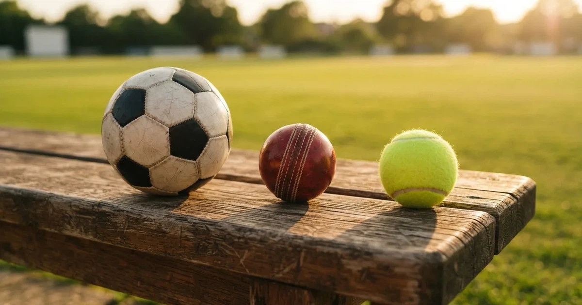 Three balls of different kinds side by side on a wooden bench