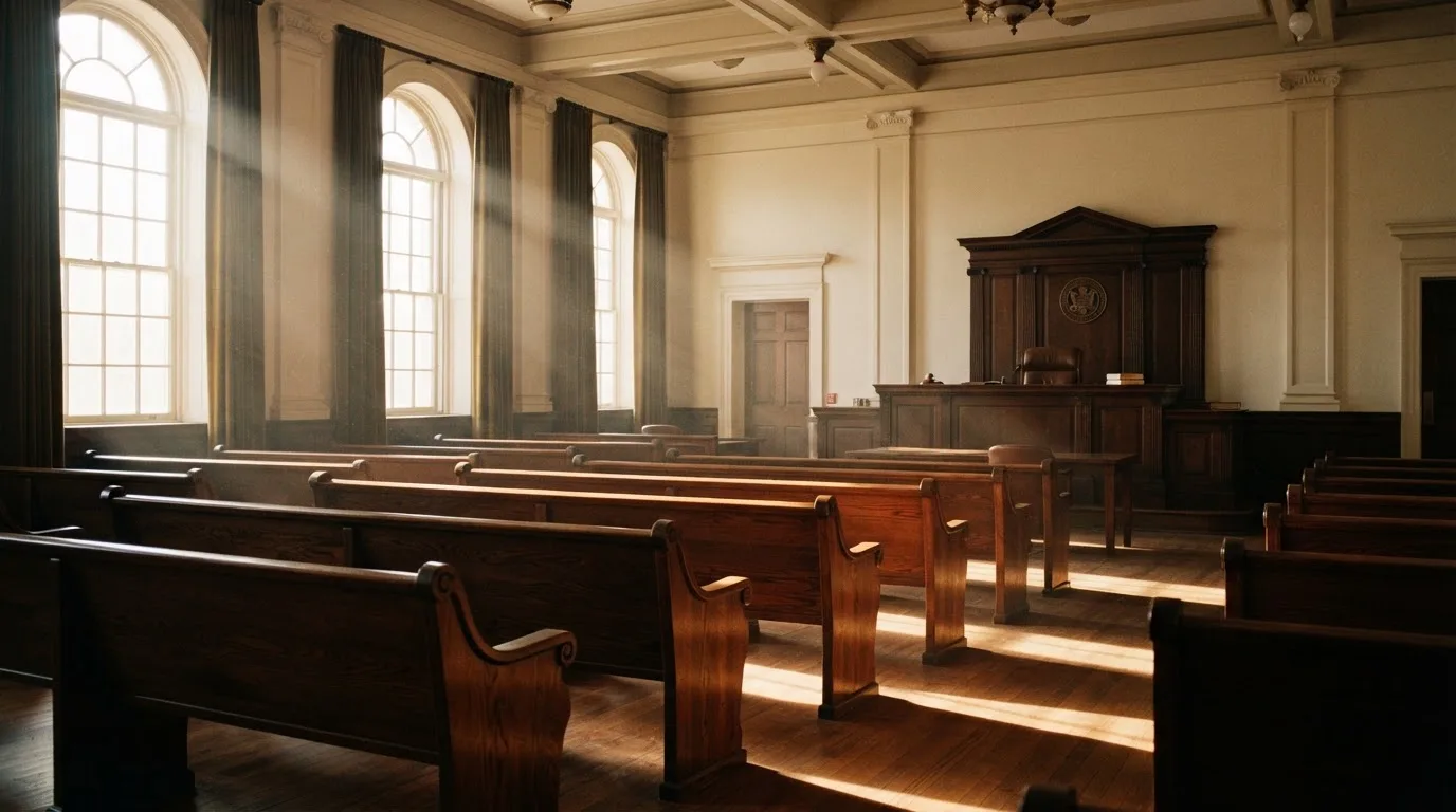 An empty courtroom with wooden benches in morning light