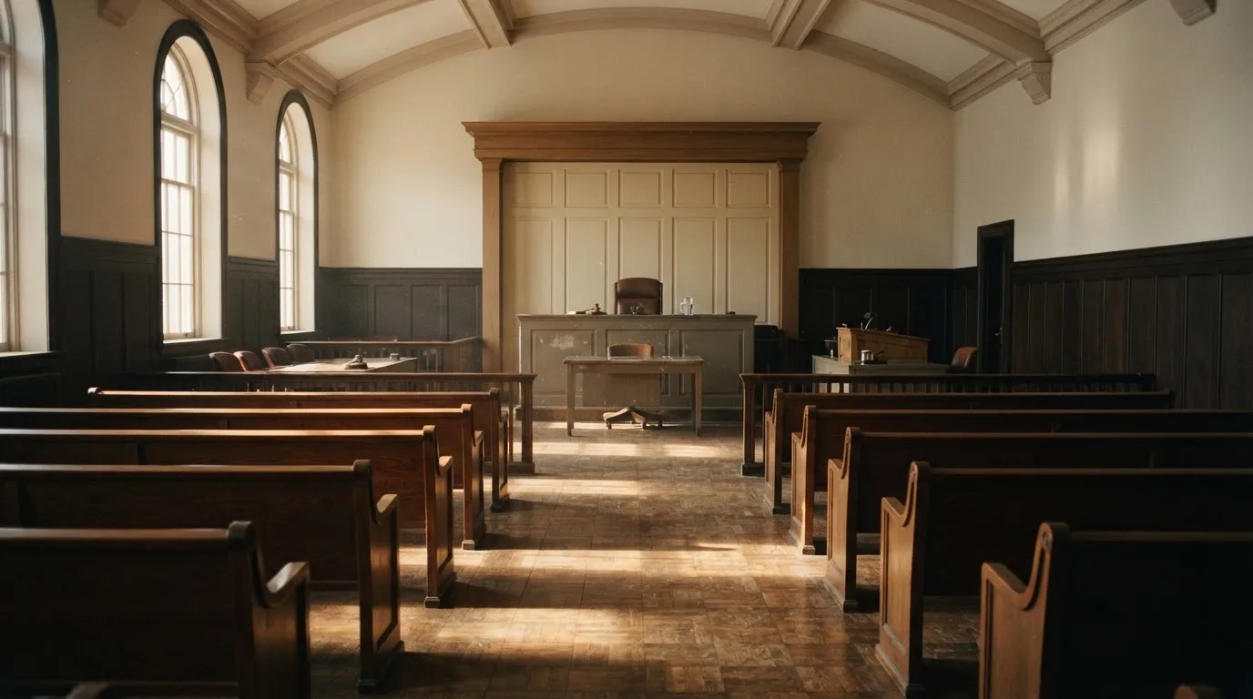 An empty courtroom with wooden benches in morning light