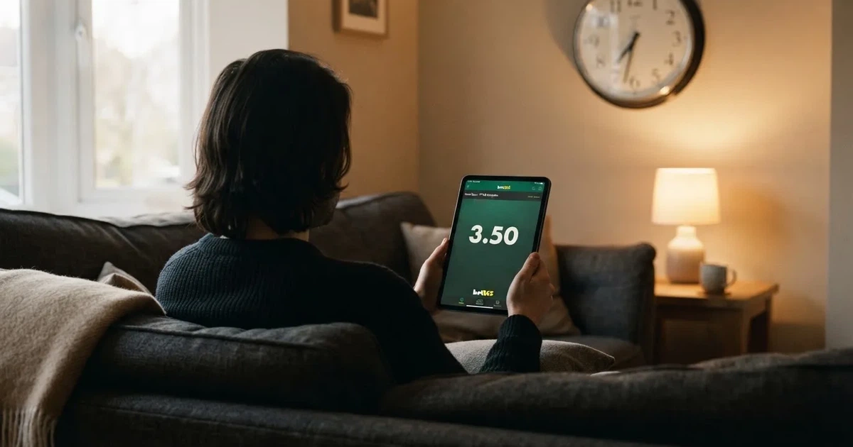 A person on a sofa looking thoughtfully at a tablet, a wall clock in the background