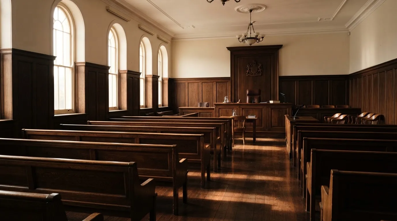 An empty courtroom with wooden benches in morning light
