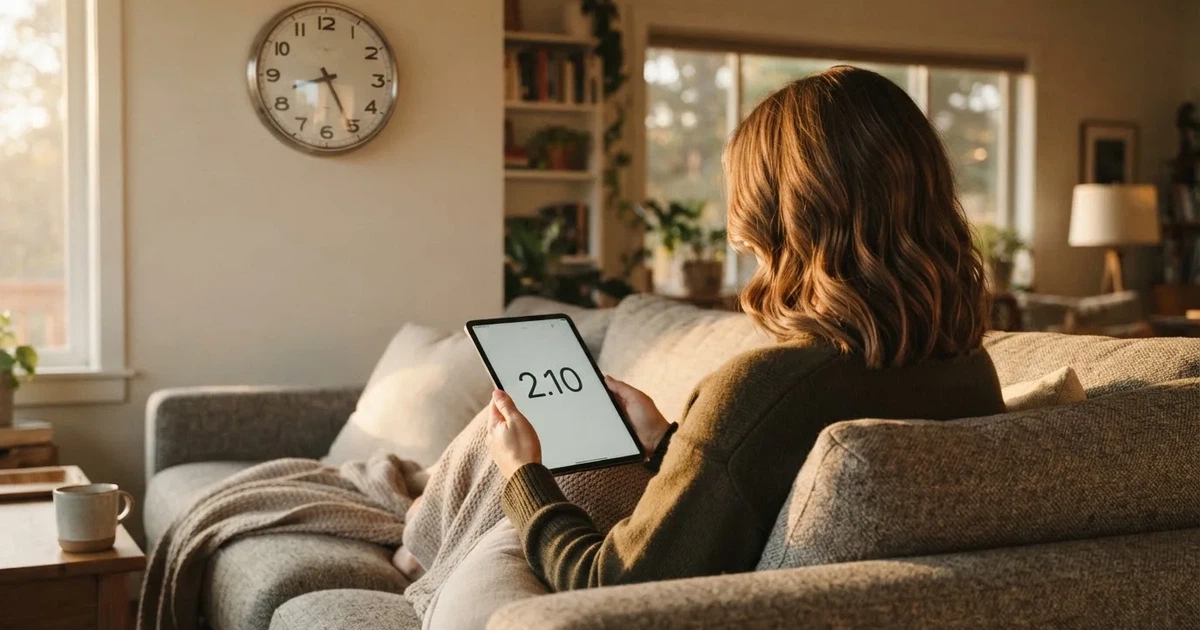 A person on a sofa looking thoughtfully at a tablet, a wall clock in the background