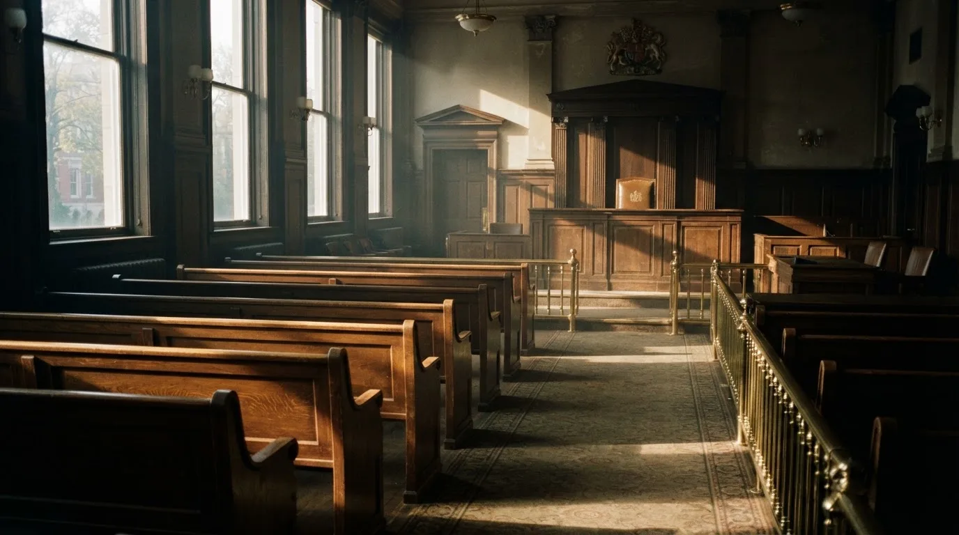 An empty courtroom with wooden benches in morning light