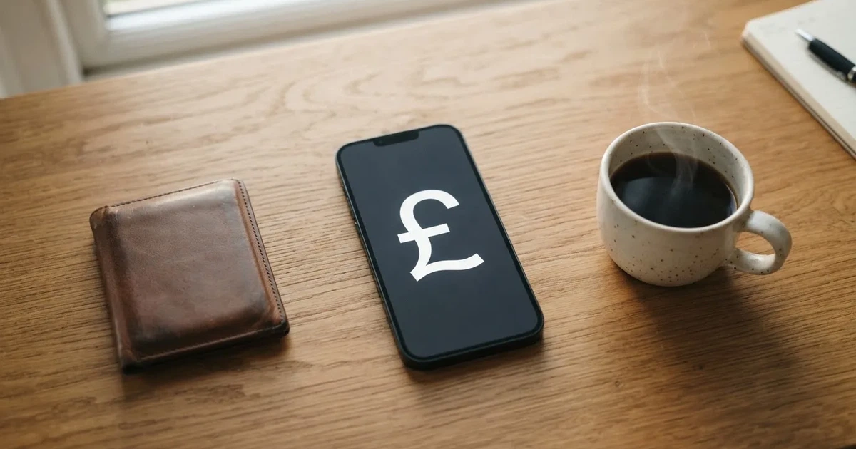 A smartphone on a wooden table beside a wallet and a coffee cup