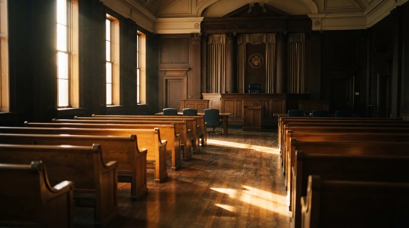 An empty courtroom with wooden benches in morning light