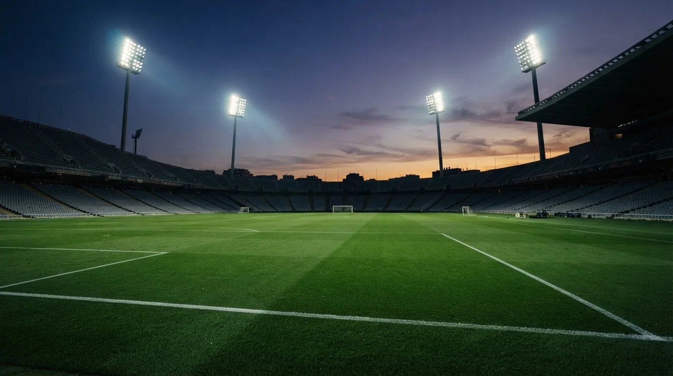 An empty football stadium with floodlight masts at dusk